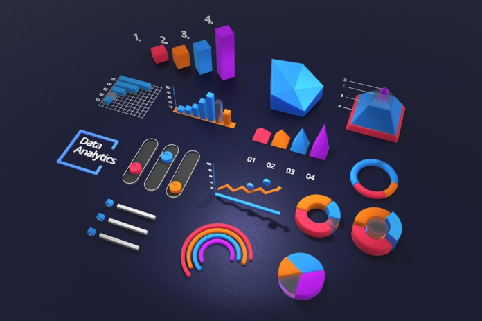 Vibrant 3D data analytics charts and graphs, including bar charts, pie charts, and line graphs, are displayed on a dark background, representing the visualization of customer data and business insights crucial for CRM systems.