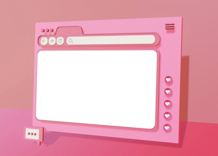 Minimalist pink user interface resembling a video player or web browser, featuring a prominent search bar and blank content area, along with heart buttons for engagement, relevant to YouTube SEO and keyword research.